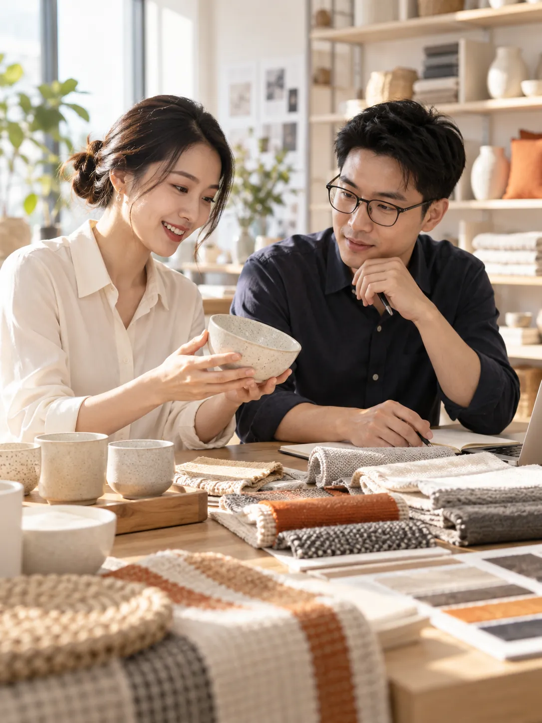 Illustration of a team discussing product samples