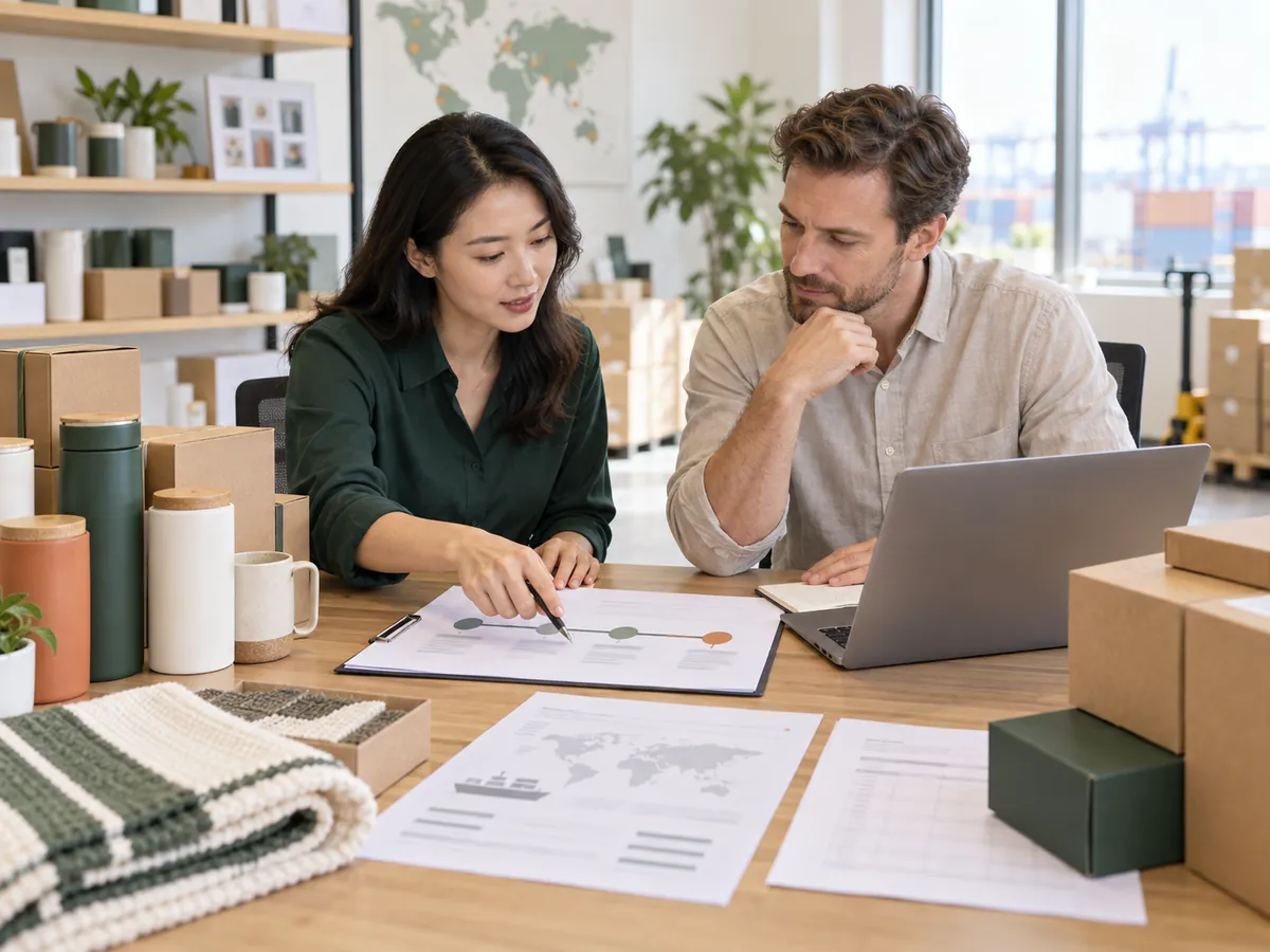 Buyer and sourcing manager reviewing order payment milestones