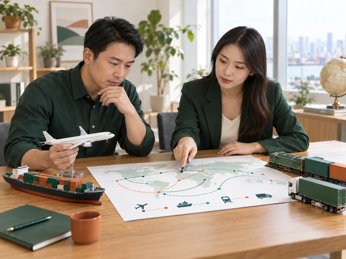 Logistics specialist comparing air, sea and rail freight options