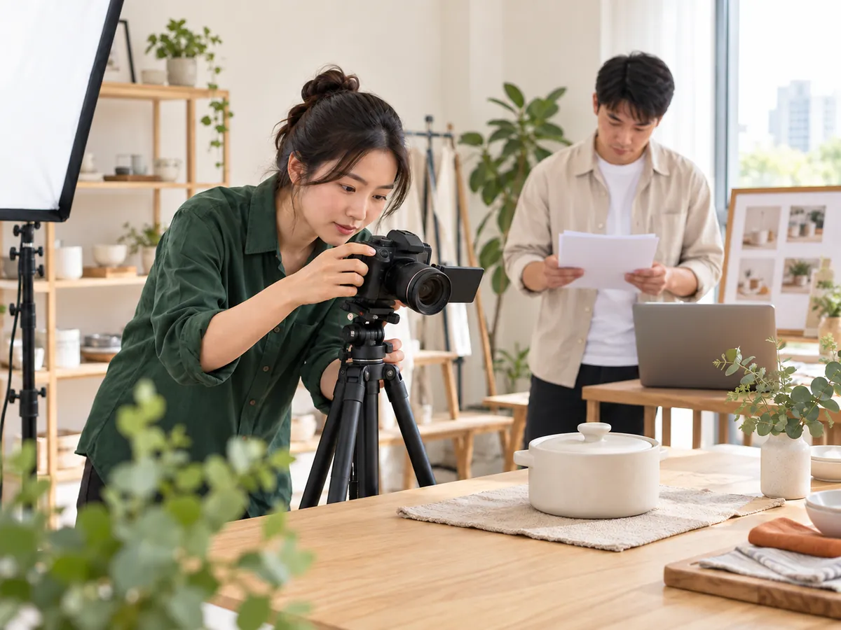 Product content team filming a demonstration video in a studio