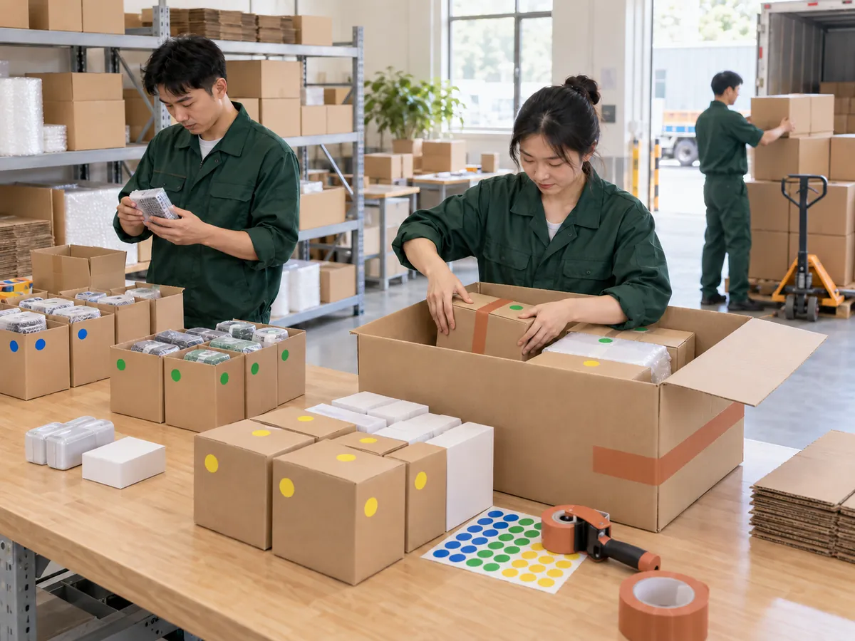 Warehouse team sorting supplier cartons for consolidated shipment